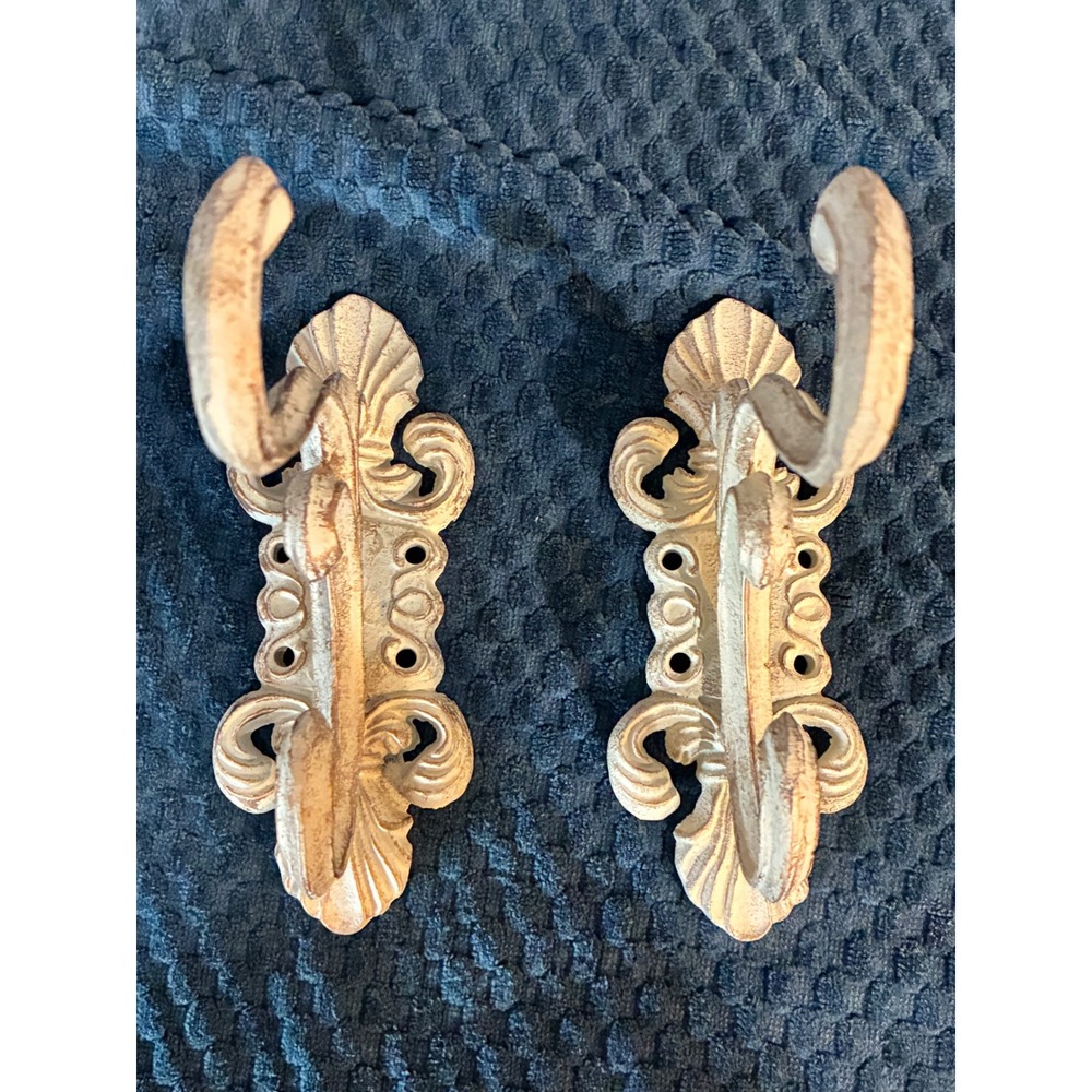 Cast Iron Wall Hook Distressed White Gold Ornate Double Coat Hook